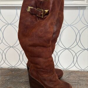 Michael Kors Calista Knee High Wedge Boots Brown Leather Fur Trim